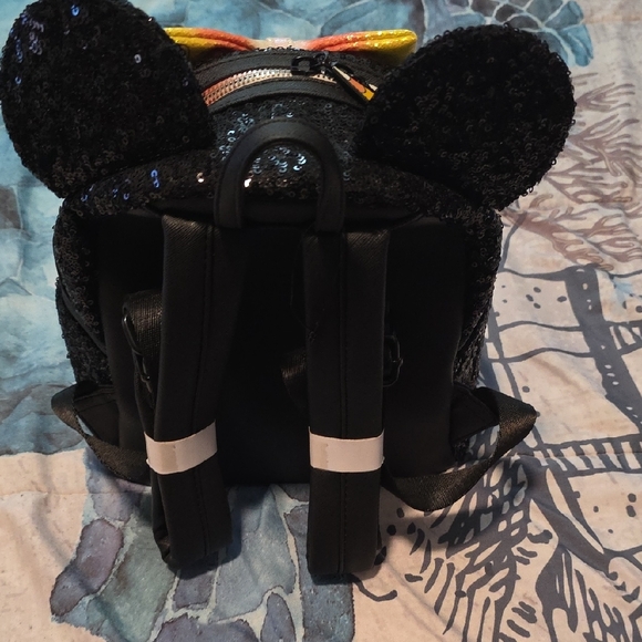 Loungefly Black Sequin Backpack with Yellow and Orange Bow - Picture 2 of 7